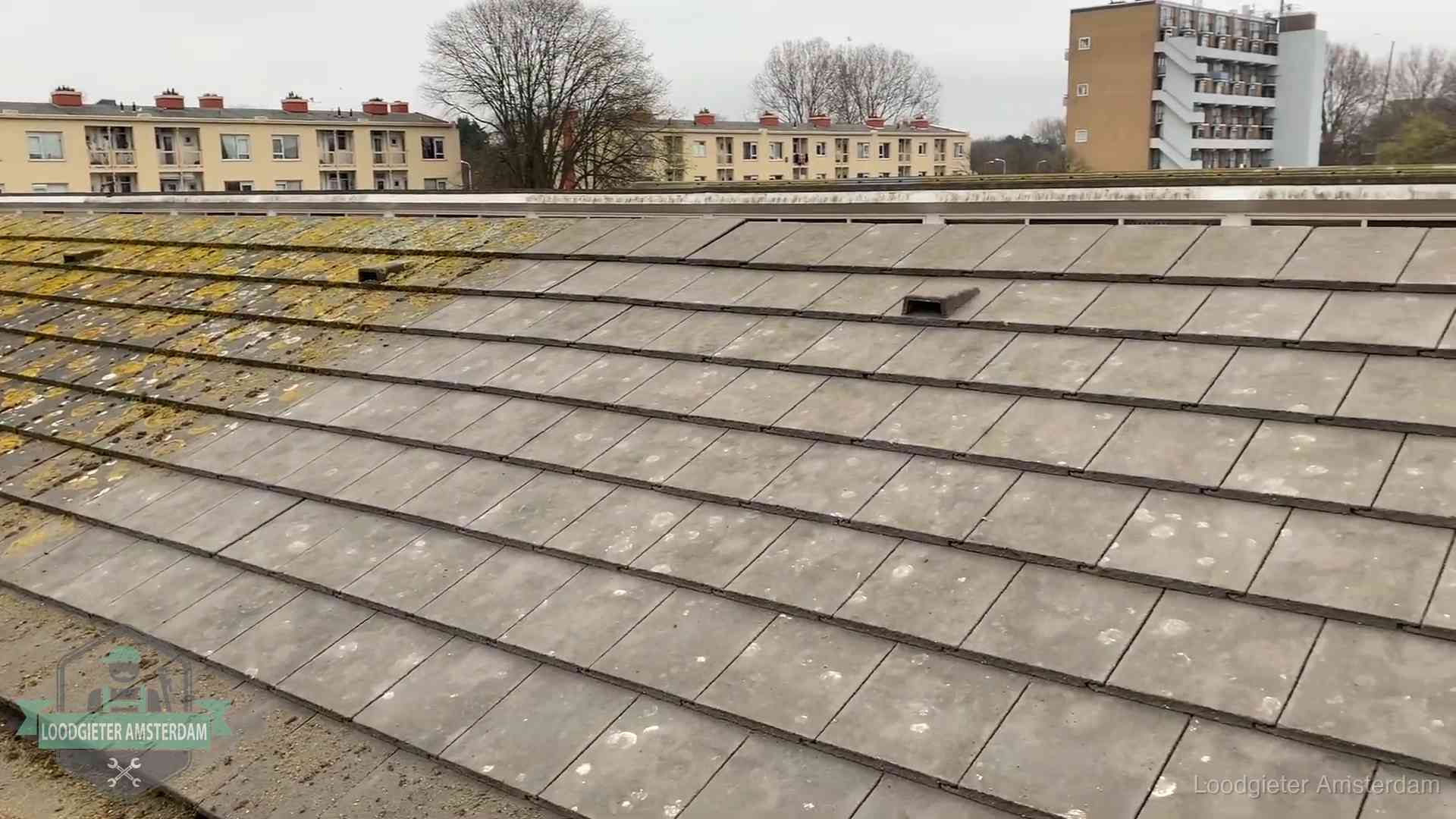 Schuin dak met betonpannen vol mos in Amsterdam, een risico op lekkage bij de pannen